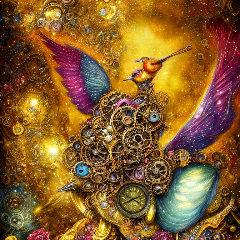 Colorful hummingbird on golden gears with celestial backdrop