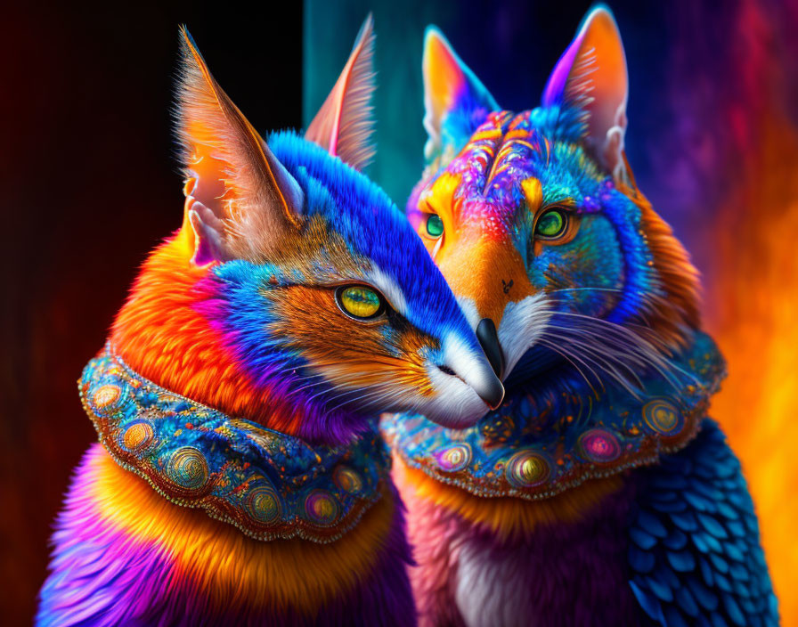 Colorful Anthropomorphic Foxes with Intricate Designs on Dark Background