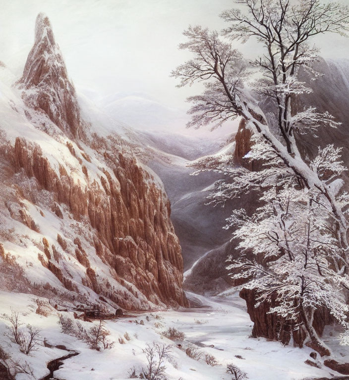 Snow-covered trees, frozen river, rocky cliffs, and mountain peak in serene winter landscape