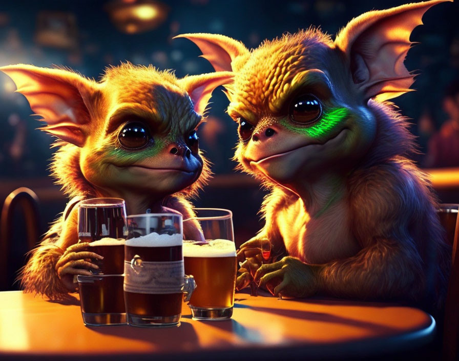 Animated gremlin-like creatures with large ears at a bar with beer mugs