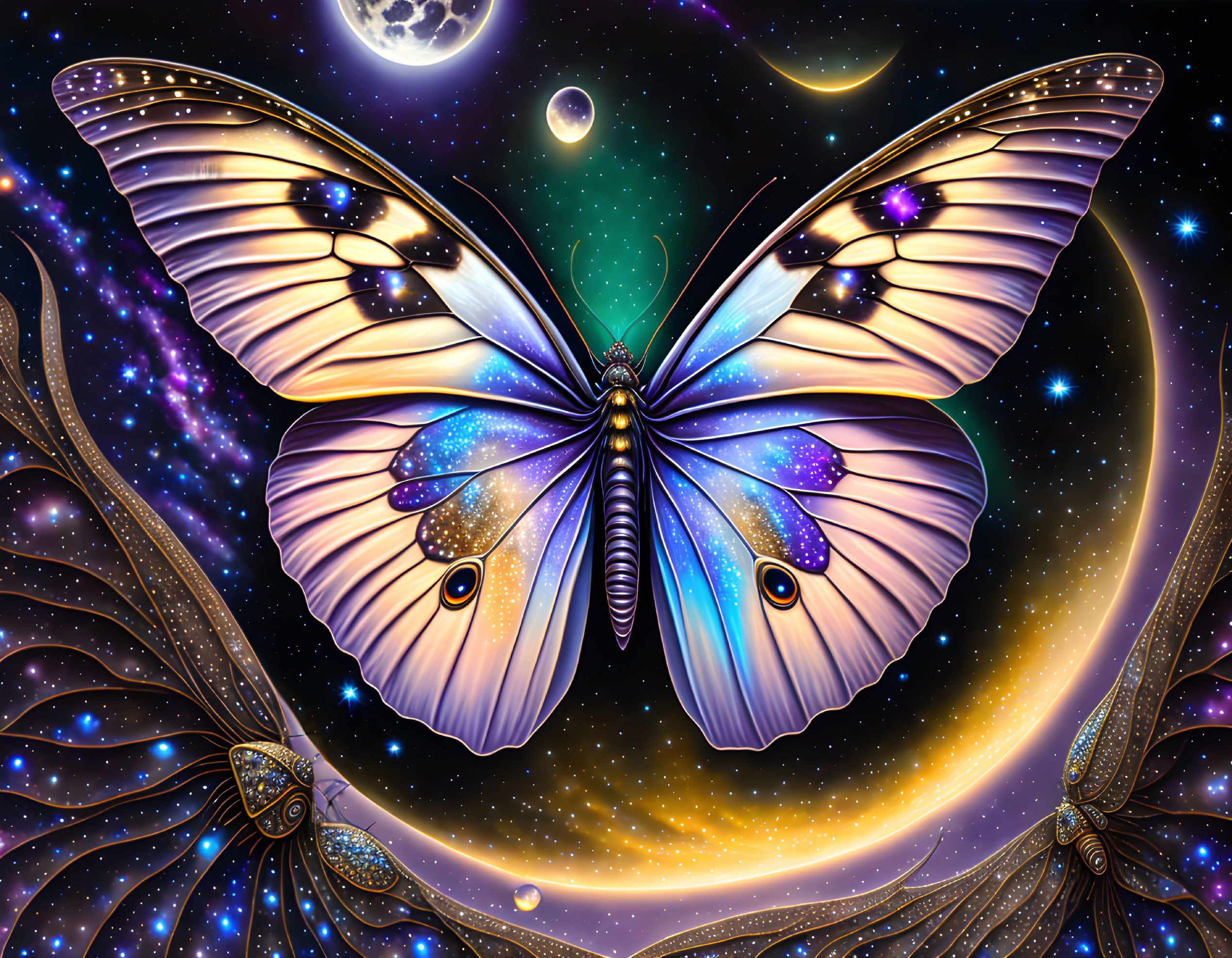 Colorful Butterfly Artwork with Cosmic Patterns on Wings and Starry Sky