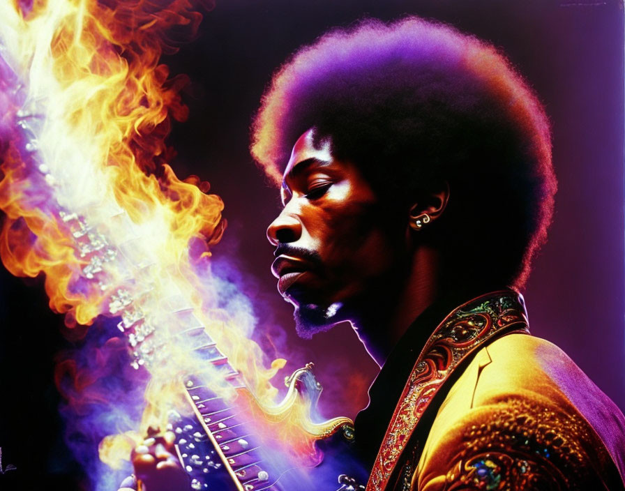 Man with Afro Playing Flaming Guitar in Vibrant Lighting