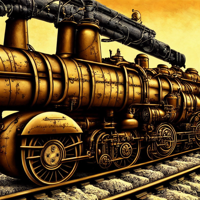 Detailed Steampunk-Style Train Illustration with Golden Hue