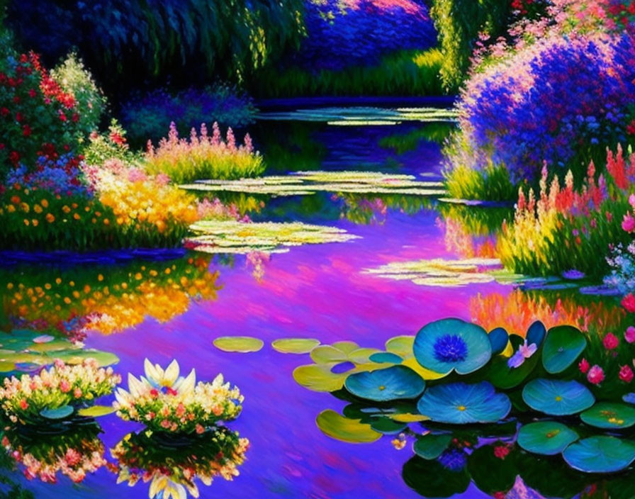 Colorful Flower Garden Painting with Lily Pads on Tranquil Pond