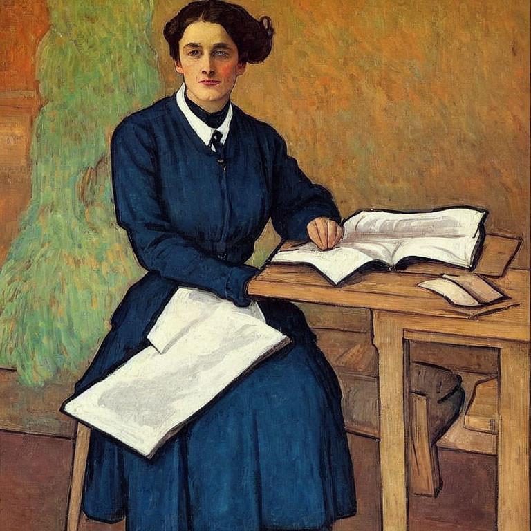 Seated woman in blue dress reading book at wooden table