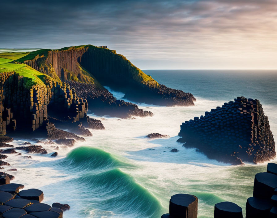 Hexagonal Basalt Columns Along Lush Coastline