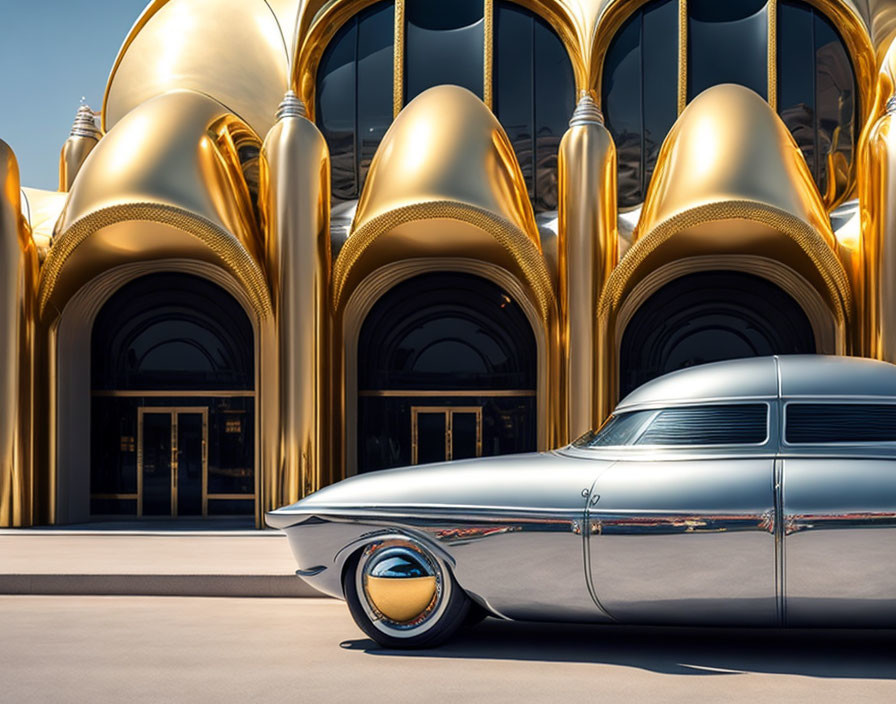 Vintage silver car parked in front of golden arches and building under clear sky