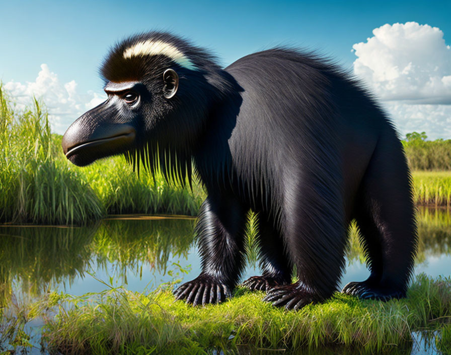 Digital illustration: Black primate by water in grass under blue sky