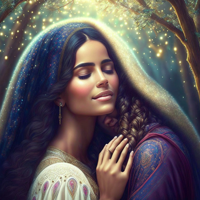 Woman with long hair and braids in ethereal glow by tree and starry sky