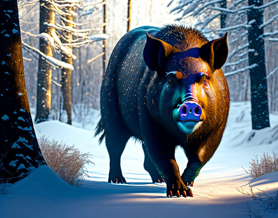 Colorful wild boar with glowing eyes in snowy forest exudes mystical aura