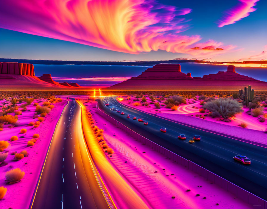 Colorful desert sunset with light trails on highway