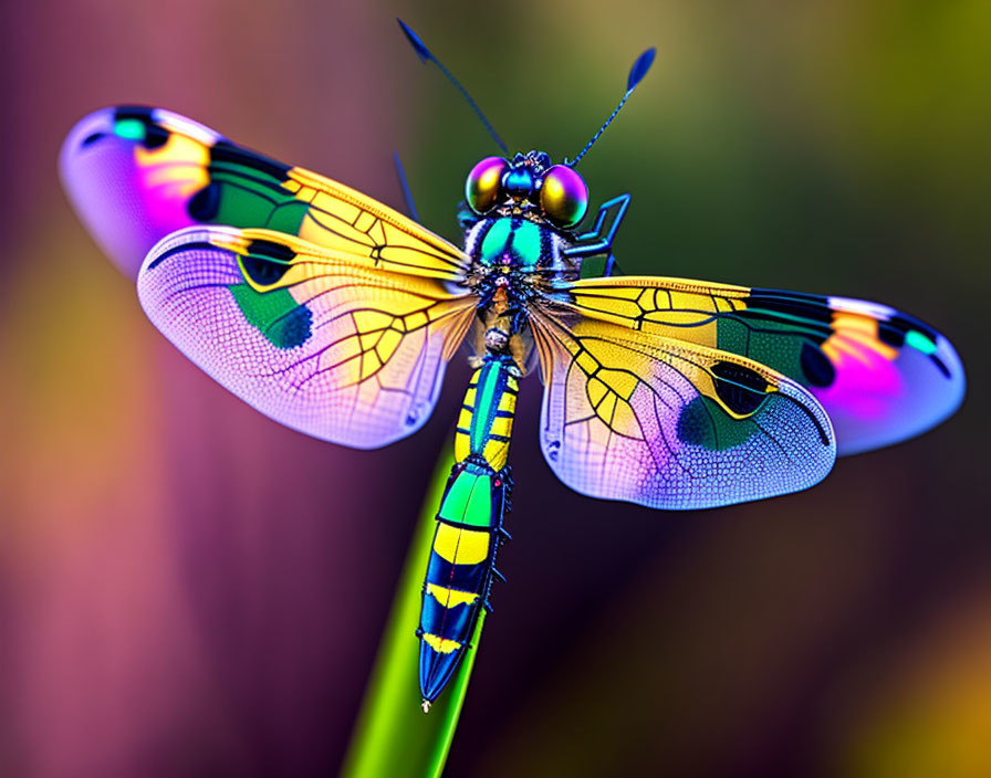 Colorful Dragonfly with Iridescent Wings on Green Plant