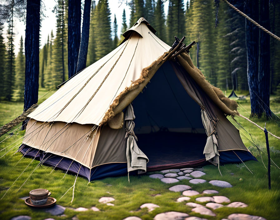 Forest clearing with canvas tent and stone path among pine trees