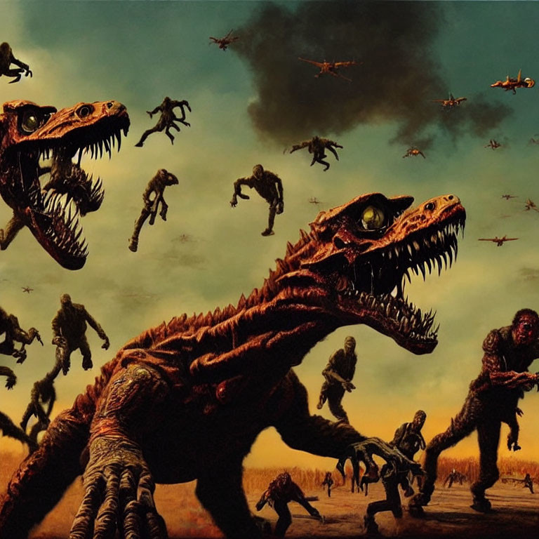 Aggressive dinosaurs chase zombified figures in chaotic scene