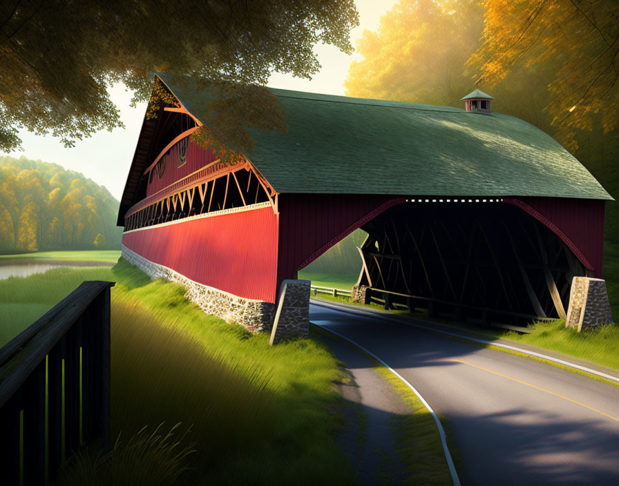 Traditional red covered bridge over road in lush green setting