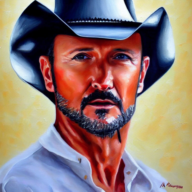 Rugged man with beard in cowboy hat painting on yellow background