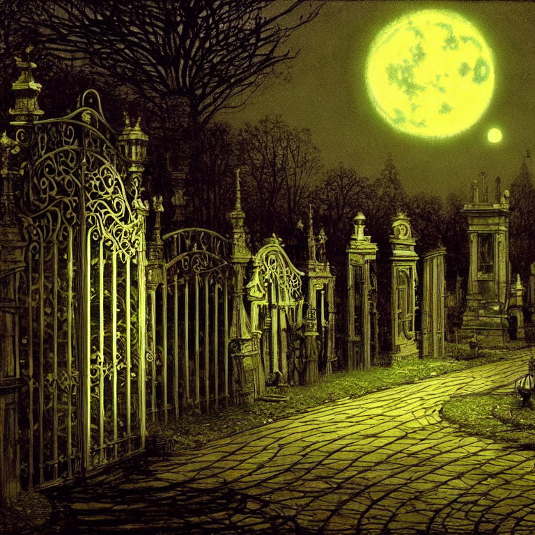 Full Moon Shining on Cobblestone Path Through Old Graveyard