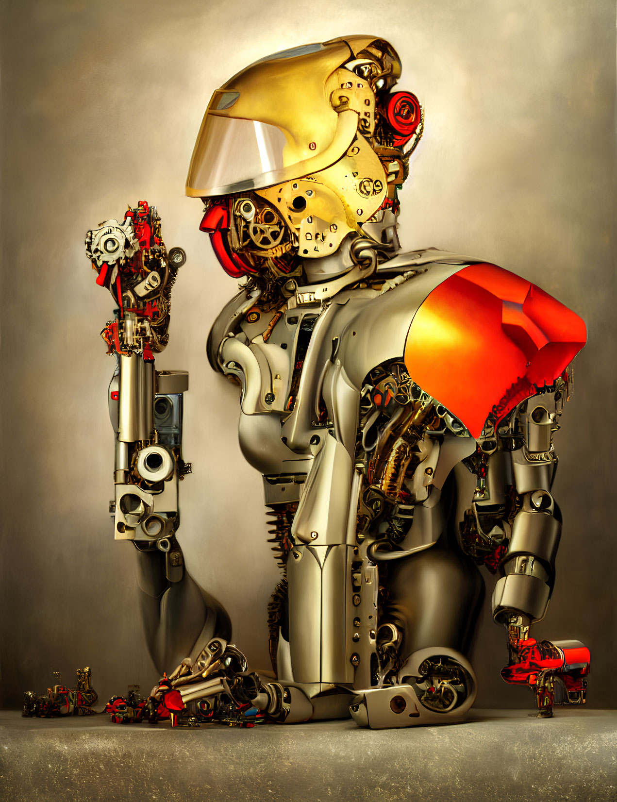 Detailed humanoid robot with mechanical joints and glossy metallic exterior on textured background.