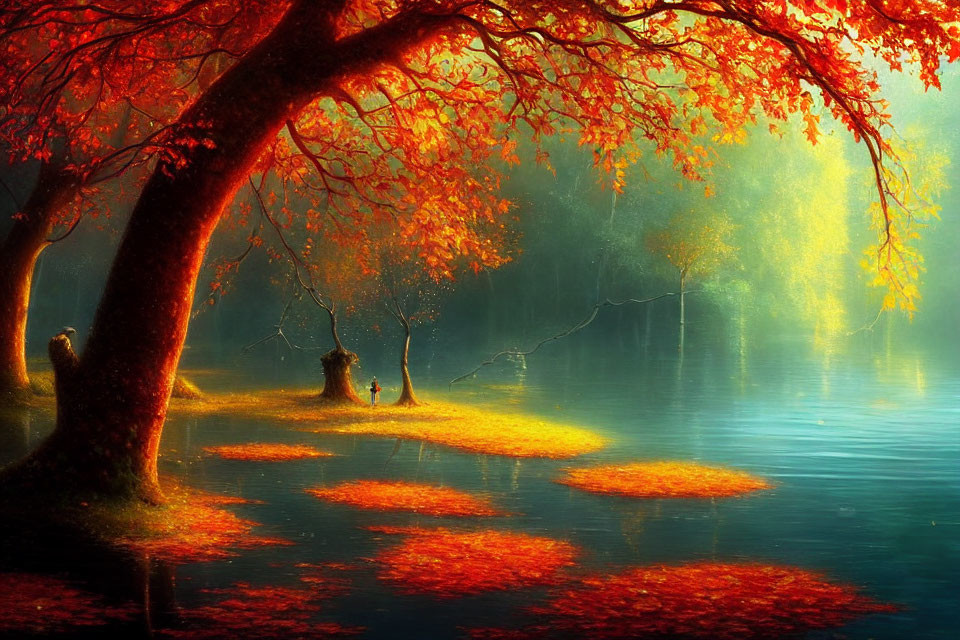 Vibrant autumn landscape: red and orange foliage, serene lake, hazy sunlight.