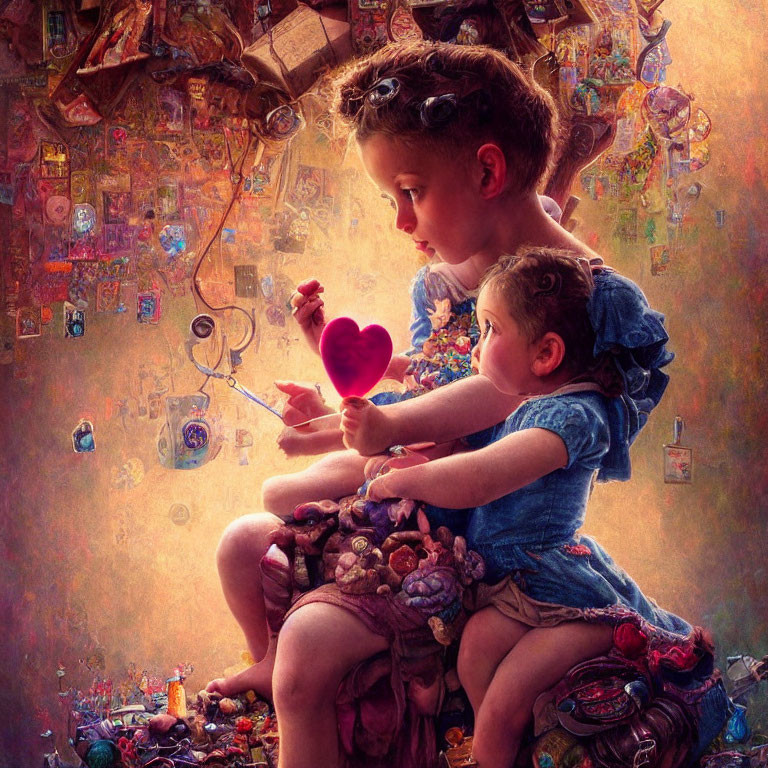 Children with toys and heart-shaped object in playful scene