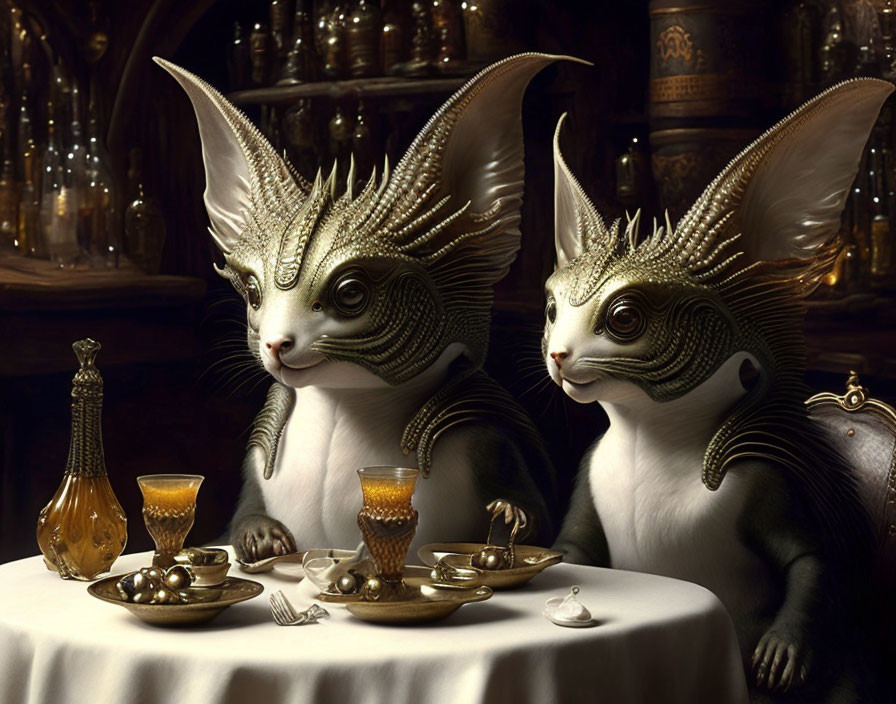 Fantastical creatures with rabbit-like features at a lavish table