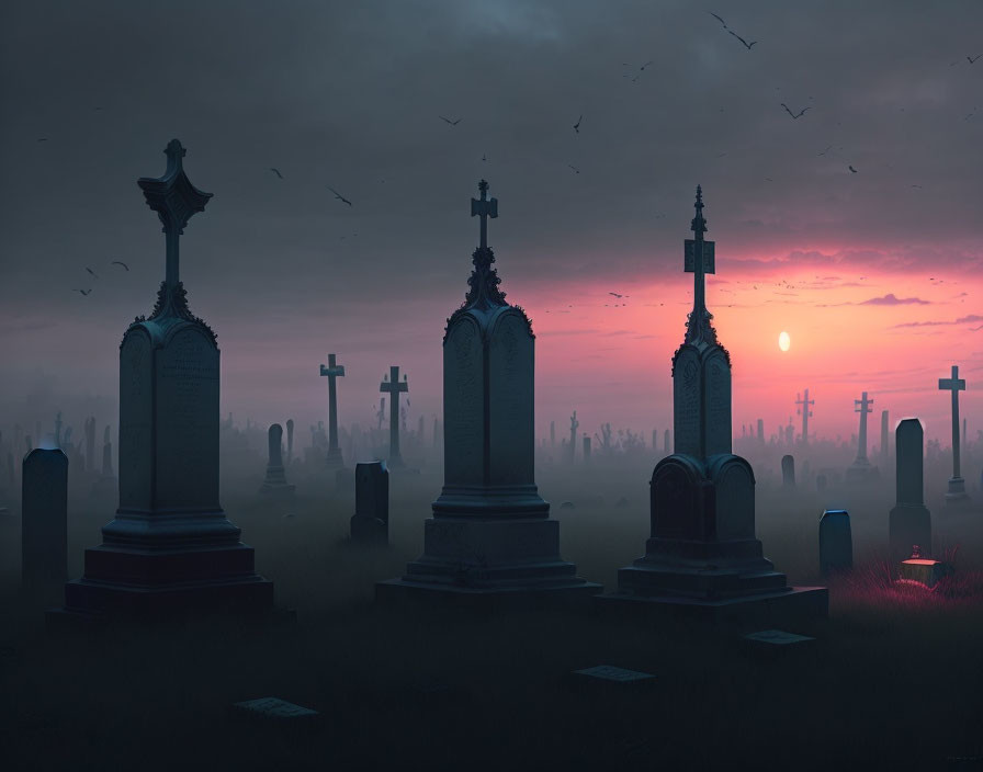 Twilight cemetery scene with silhouetted tombstones and crosses under pinkish sky