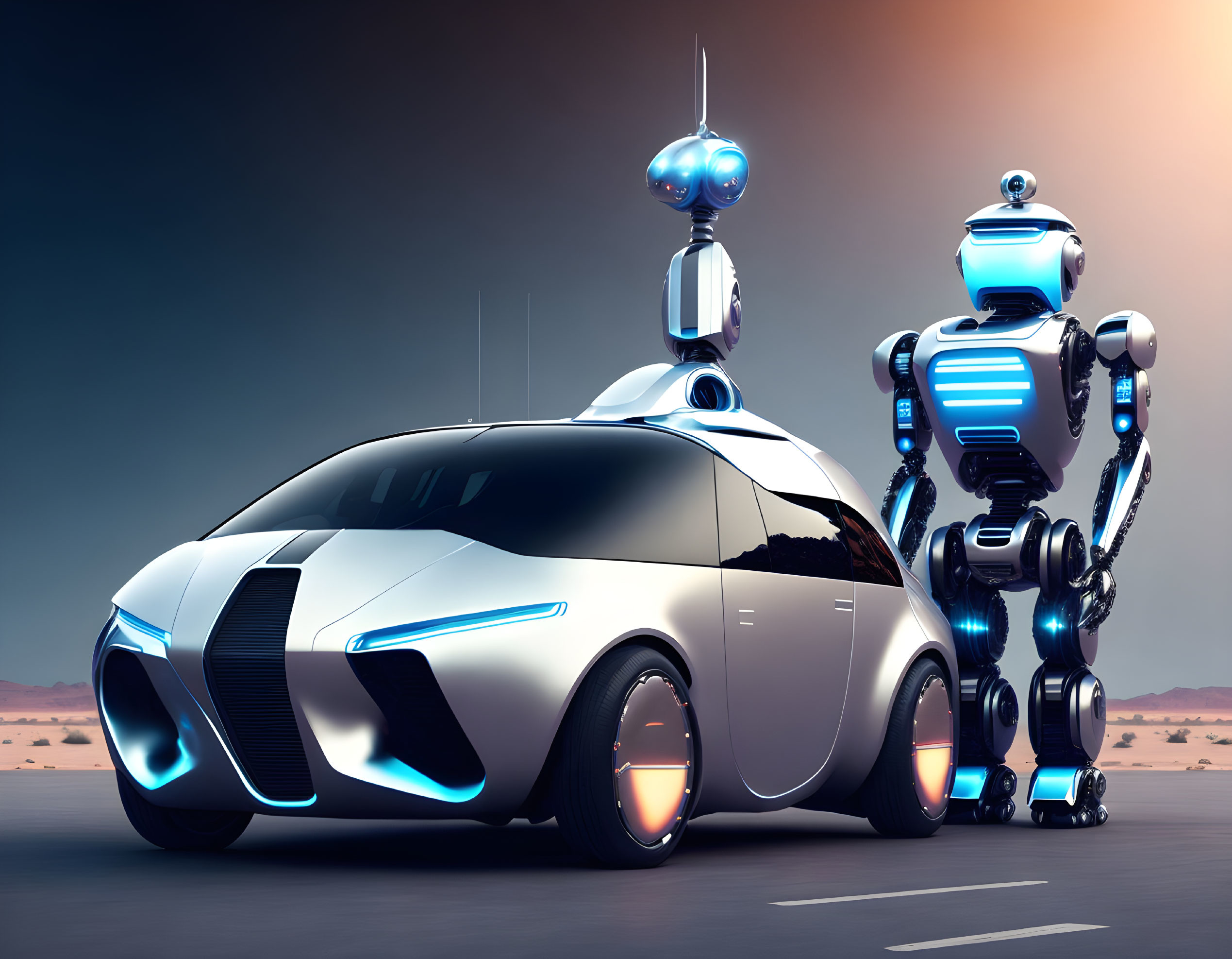 Sleek futuristic car with humanoid robots in blue lighting at dusk