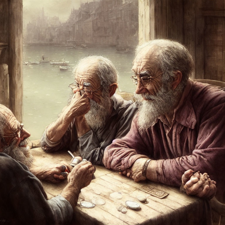 Elderly men in deep discussion over coins in historical setting