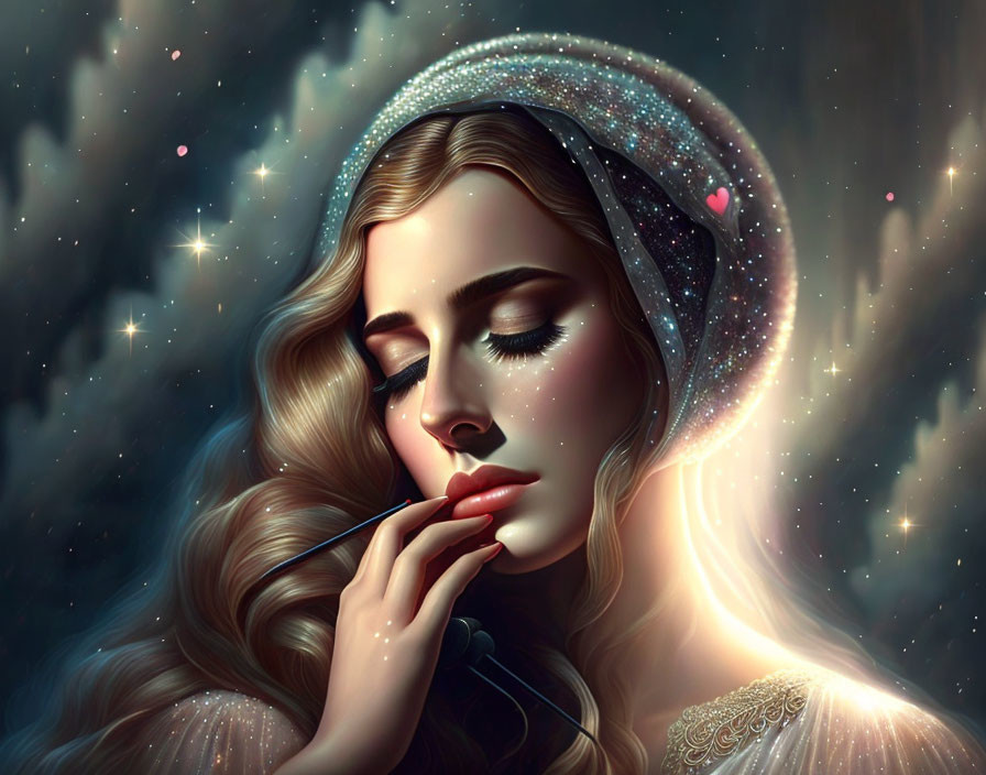 Woman with long wavy hair and sparkling veil in cosmic setting.