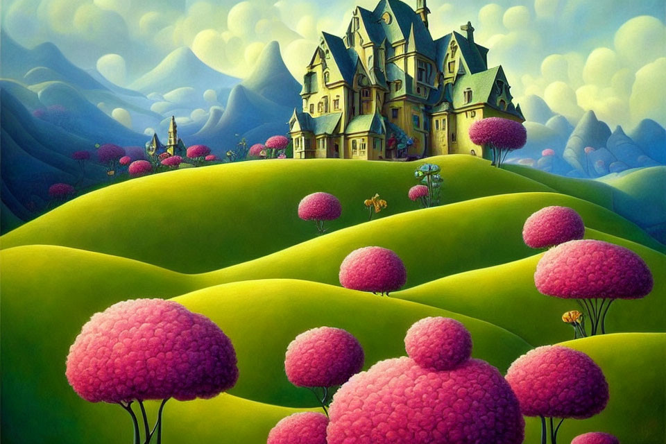 Whimsical landscape with grand multi-turreted house on green hills