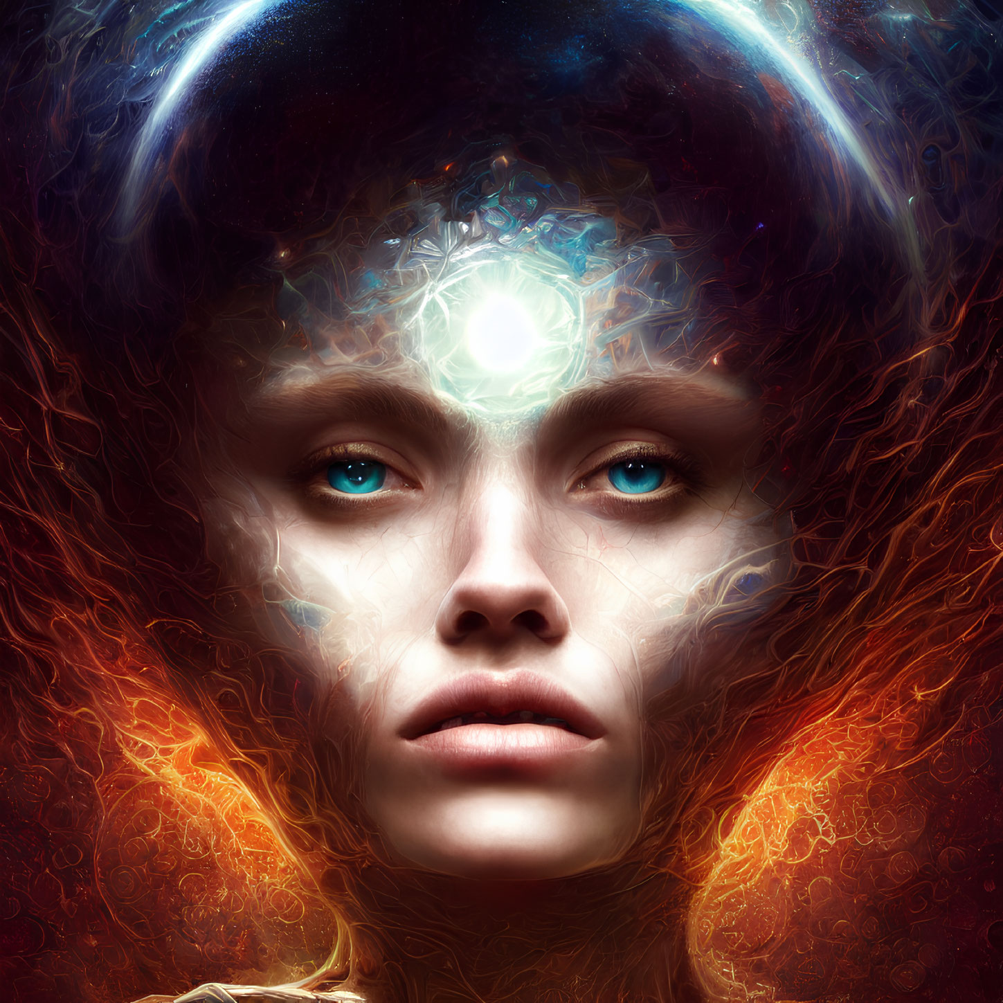 Digital art: Woman's face with cosmic elements and bright orb, surrounded by celestial and fiery textures.