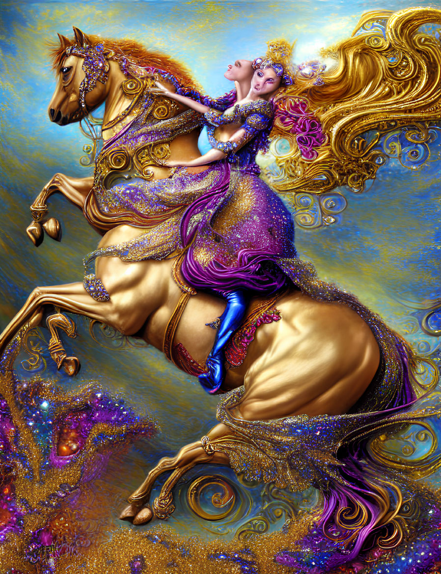 Woman in Purple and Gold Attire Riding Majestic Horse on Golden Background