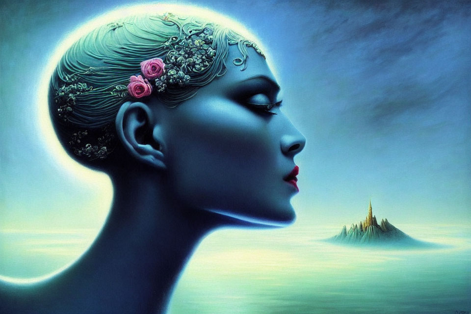 Surreal painting: woman's profile with elaborate headdress blending into seascape