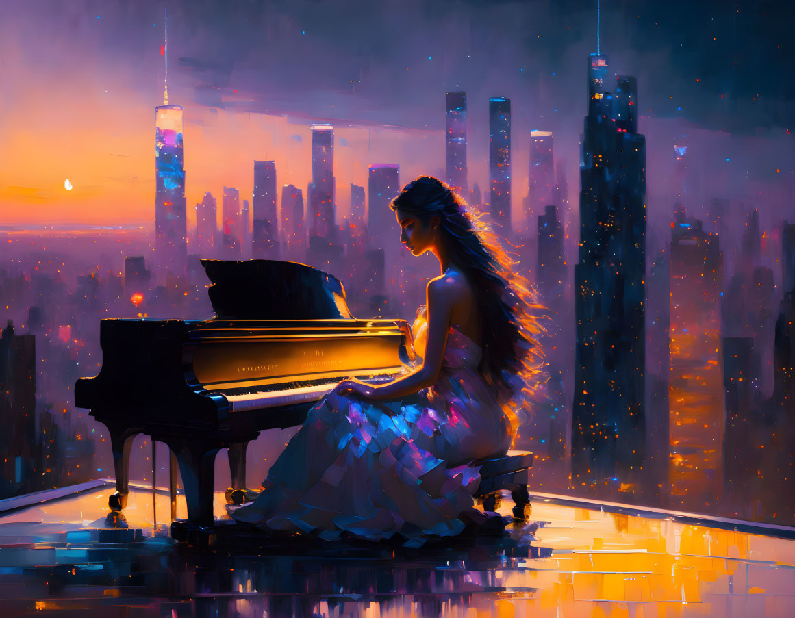 Woman playing grand piano on balcony with sunset cityscape view