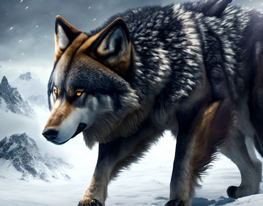 Majestic gray wolf in snowy landscape with fiery amber eyes