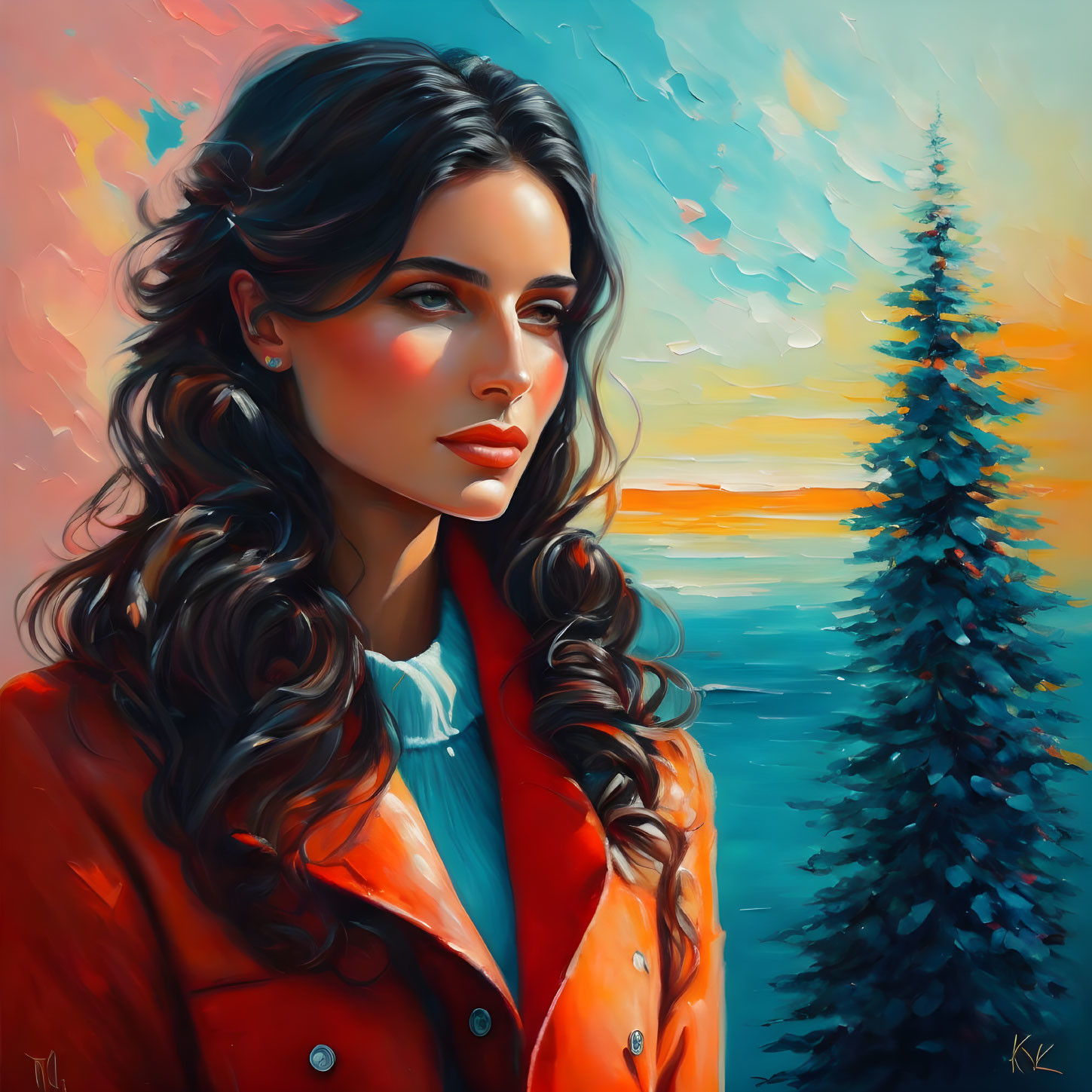 Stylized portrait of woman with wavy hair in red coat against trees and sunset sky