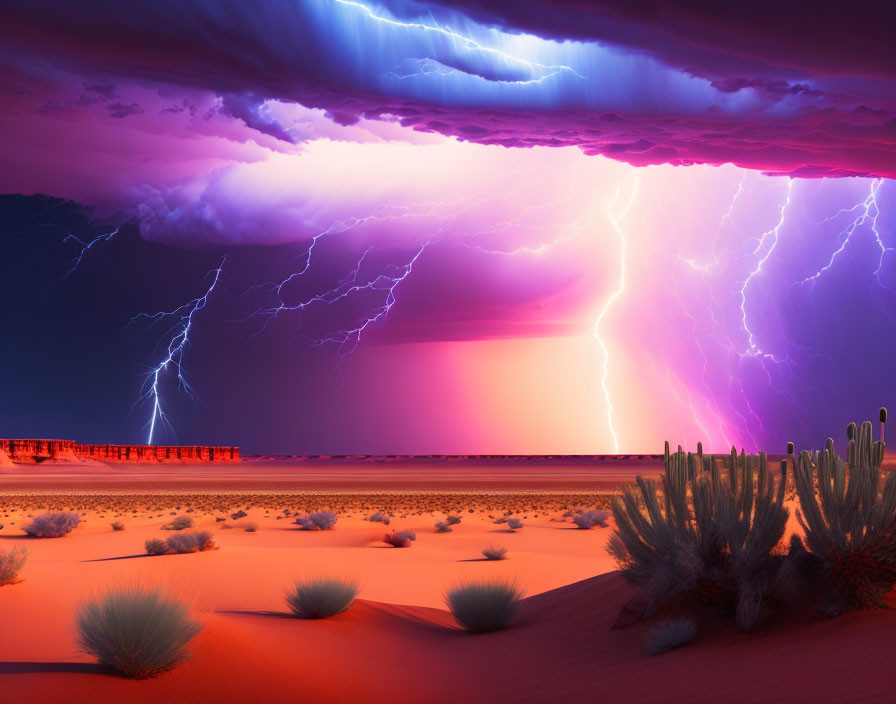 Desert lightning storm with purple skies and lightning bolts striking ground