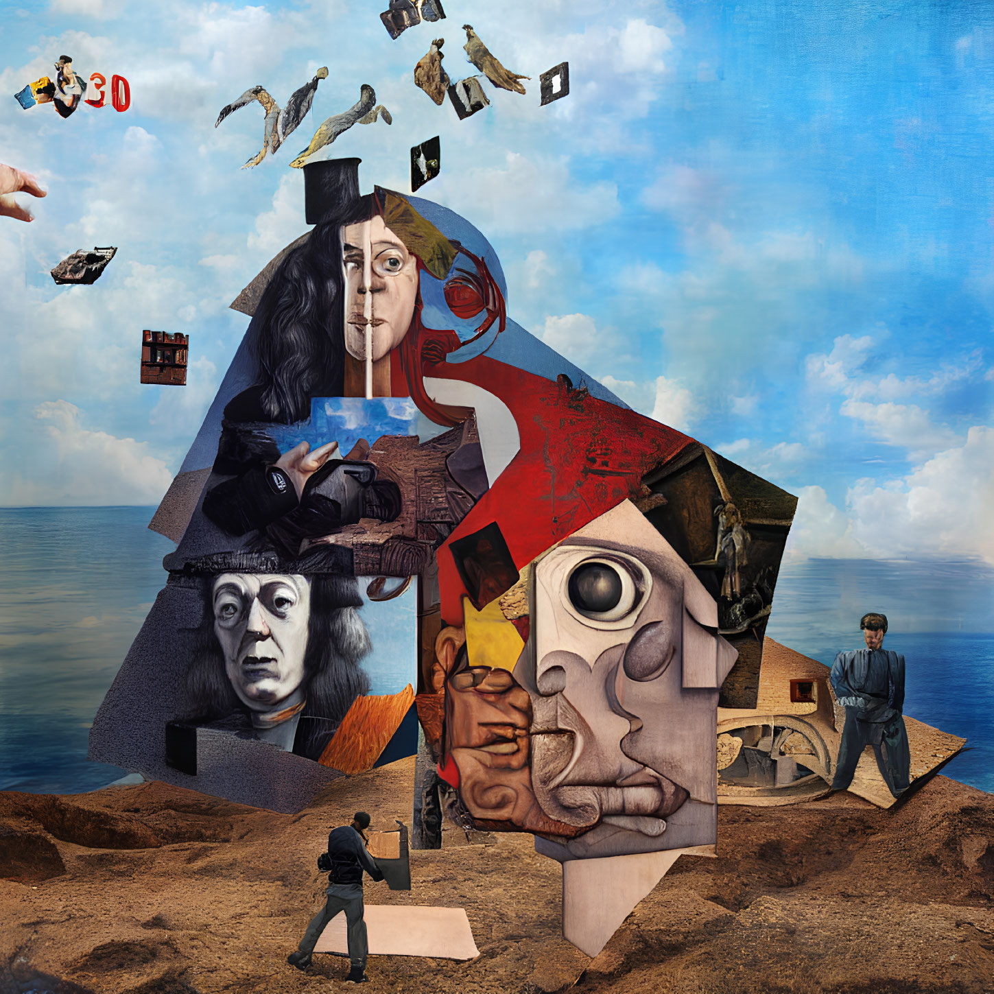 Surreal collage: Isaac Newton portrait with flying books and telescope