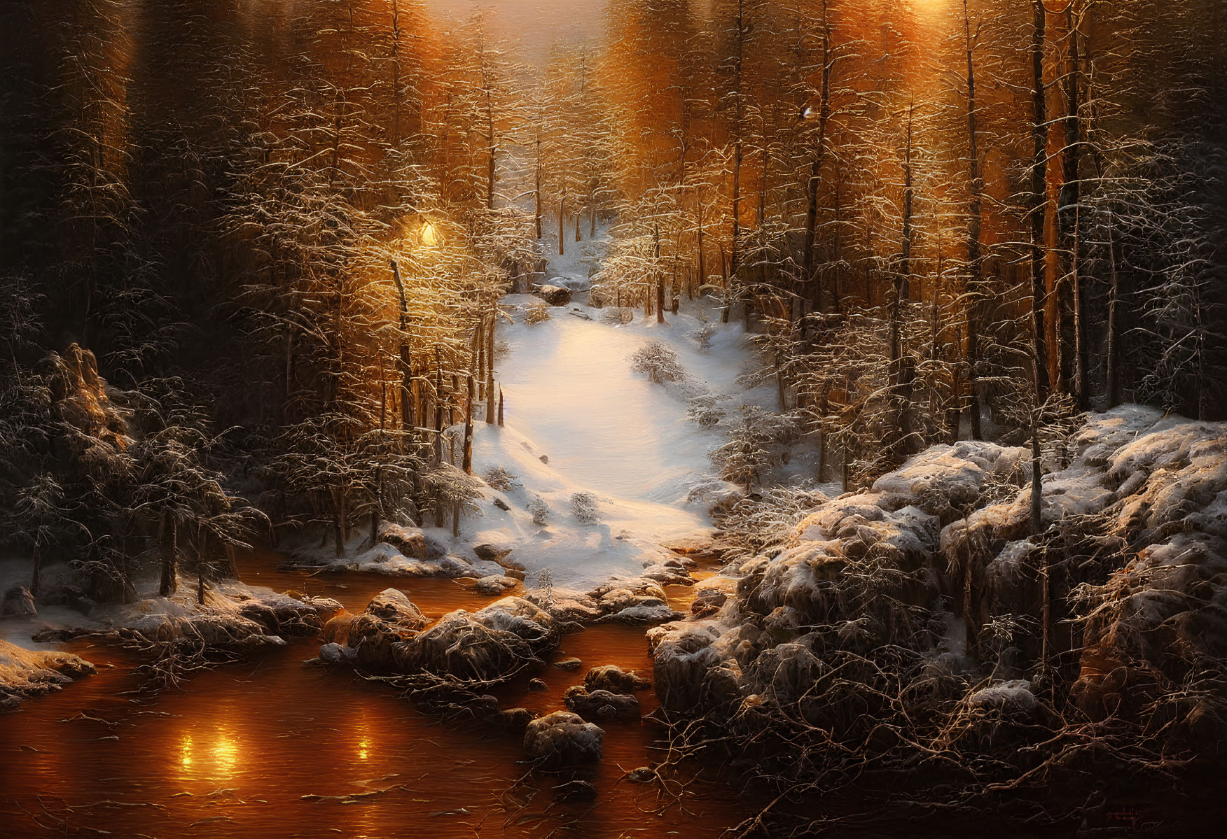 Snowy forest pathway by stream in warm golden light