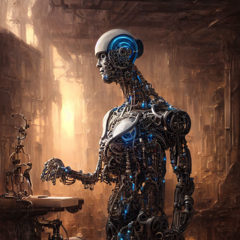 Detailed humanoid robot with glowing blue accents in industrial setting