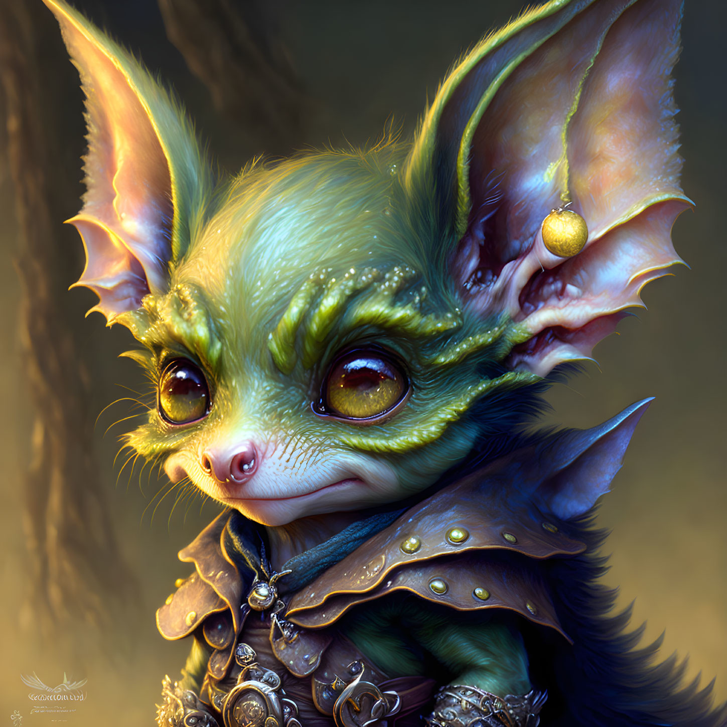 Fantastical creature with large eyes, pointed ears, green fur, and ornate armor.