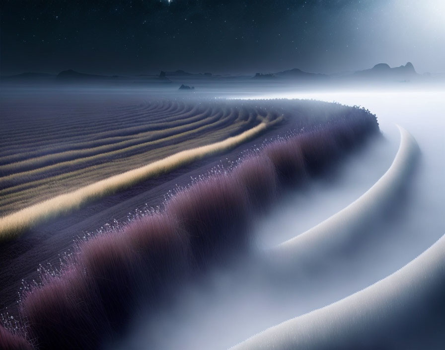 Surreal Lavender Rows Under Starry Night Sky