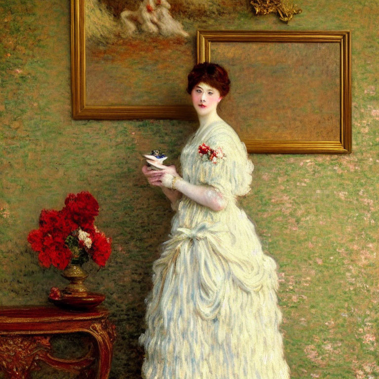 Woman in Blue Gown with Tea Cup and Red Flowers Table