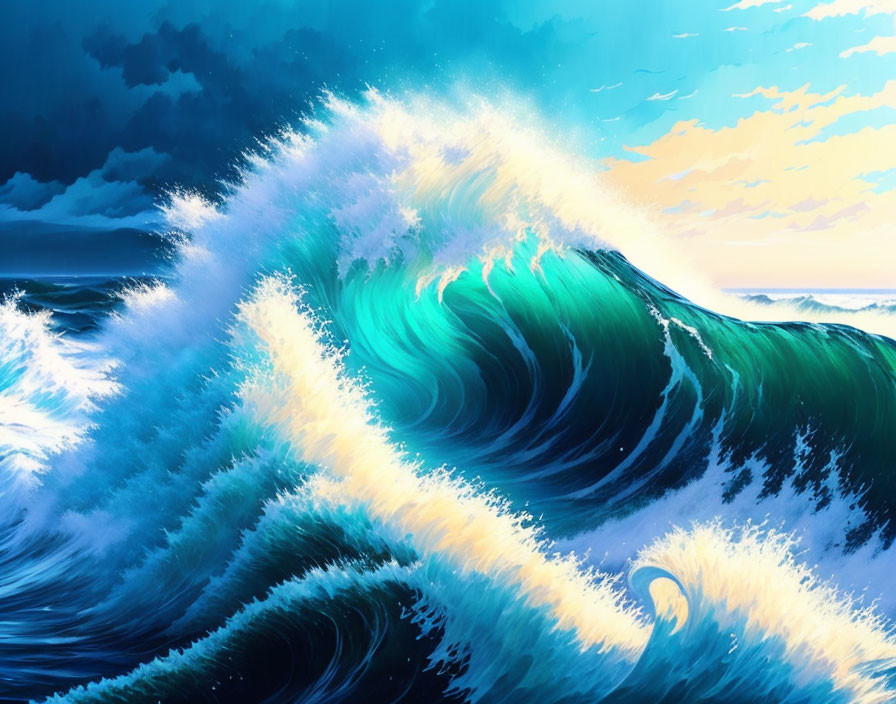 Detailed digital artwork: Towering ocean wave under moody blue sky