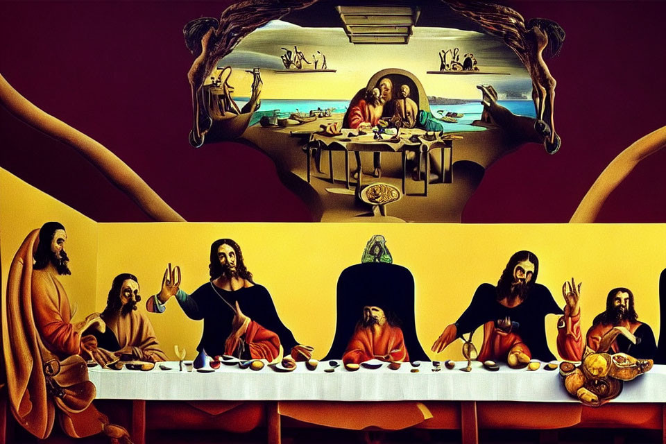 Surreal Last Supper with Duplicated Figures in Elliptical Room