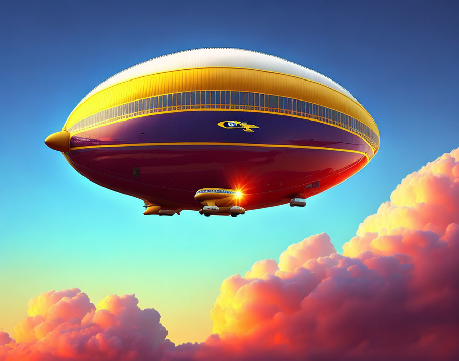 Colorful Airship Floating in Vibrant Blue Sky with Fluffy Clouds