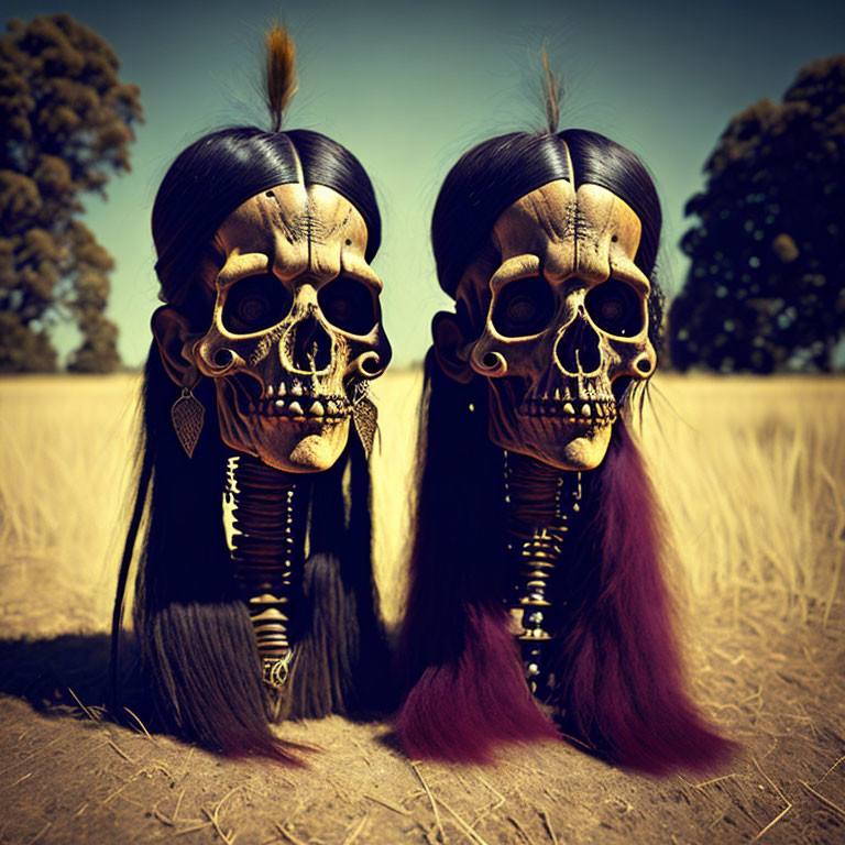 Skull makeup figures with feathered hair and necklaces in mystical tribal setting