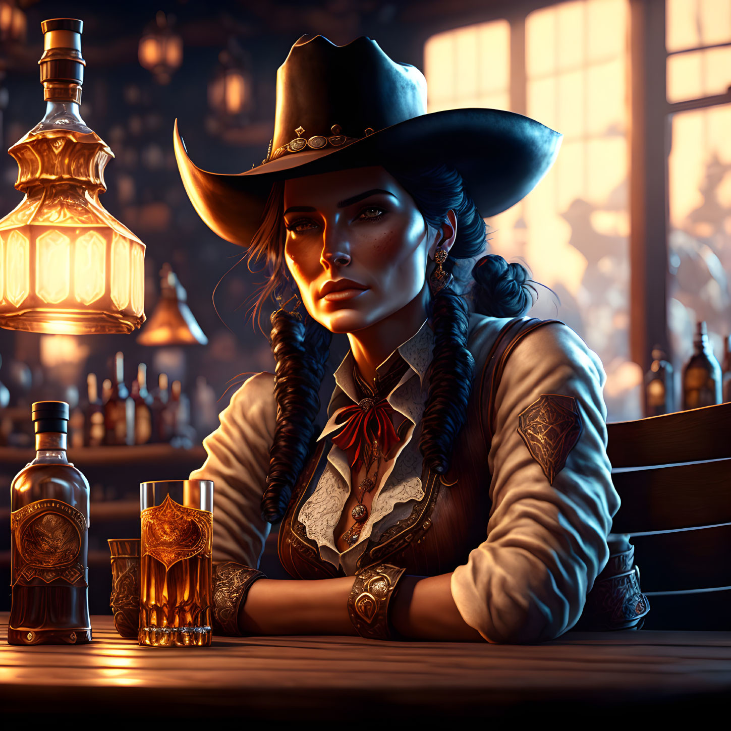 Digital artwork: Woman in cowboy hat at bar with whiskey bottle and vintage lamp