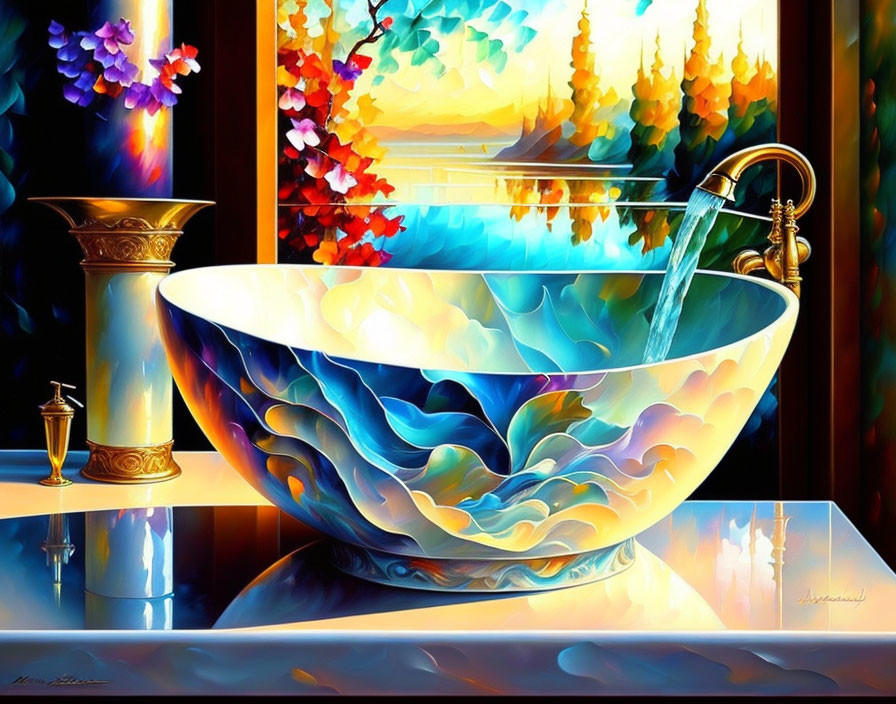 Vibrant painting of sink with golden faucet and autumn trees