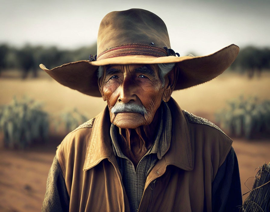 Elderly man in wide-brimmed hat and brown jacket gazes into the distance